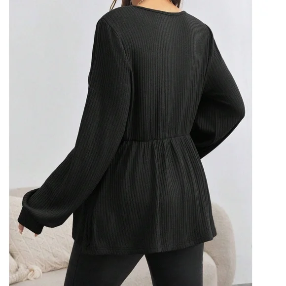 Maternity Solid V neck Button Detail Long Sleeve Top